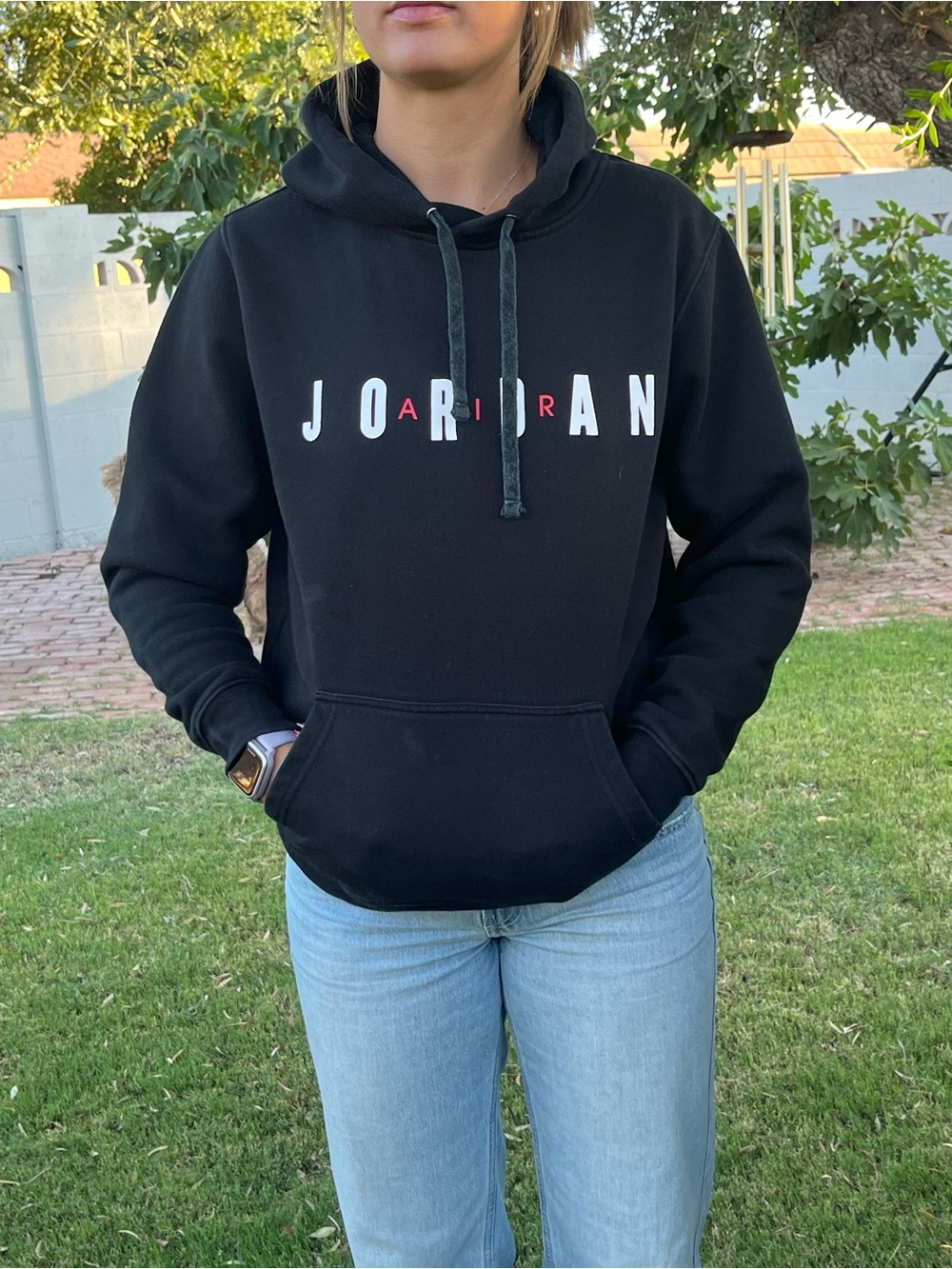 Jordan Black Hoodie Sweatshirt. Pocket, drawstring, round collar.Sz M runs Small